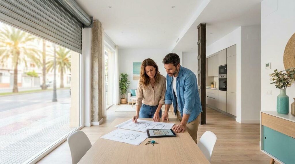 Pareja Revisando Planos En Un Antiguo Local Comercial Reformado Como Vivienda Luminosa En La Costa Del Sol