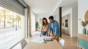 Pareja Revisando Planos En Un Antiguo Local Comercial Reformado Como Vivienda Luminosa En La Costa Del Sol