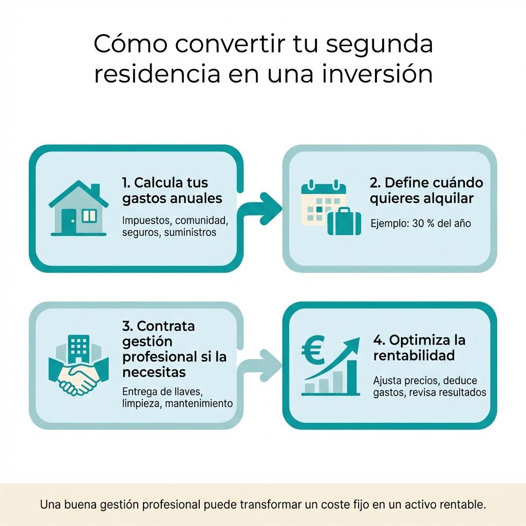 Diagrama de flujo con los pasos para convertir una segunda residencia en una inversión rentable mediante el alquiler.