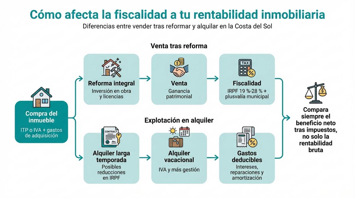 Diagrama de flujo que compara el impacto fiscal de vender tras reformar frente a explotar un inmueble en alquiler.