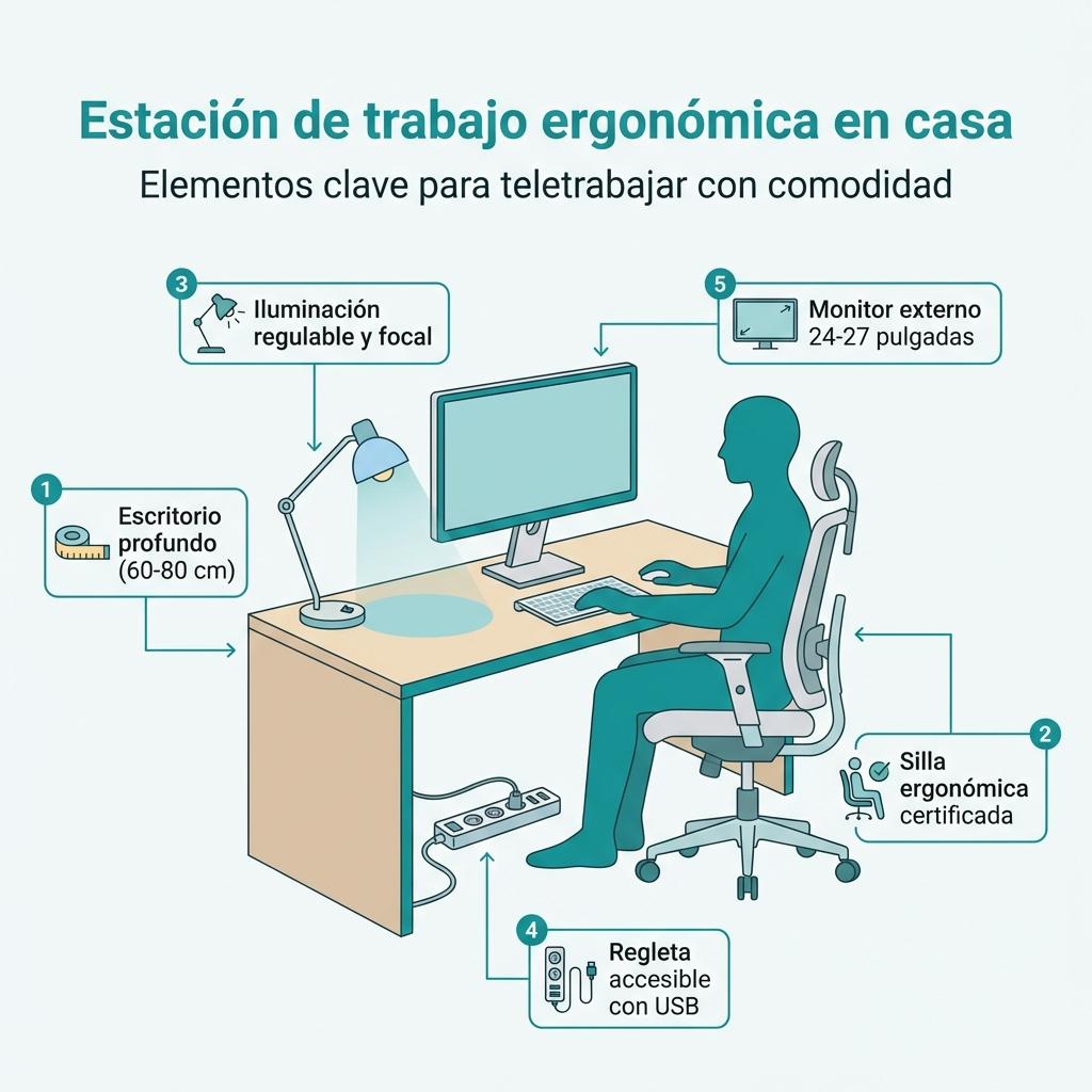 Diagrama de una estación de trabajo ergonómica en casa con etiquetas para los elementos principales.