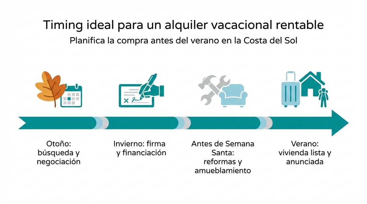 Diagrama en línea de tiempo con las etapas para preparar un alquiler vacacional rentable en la Costa del Sol.