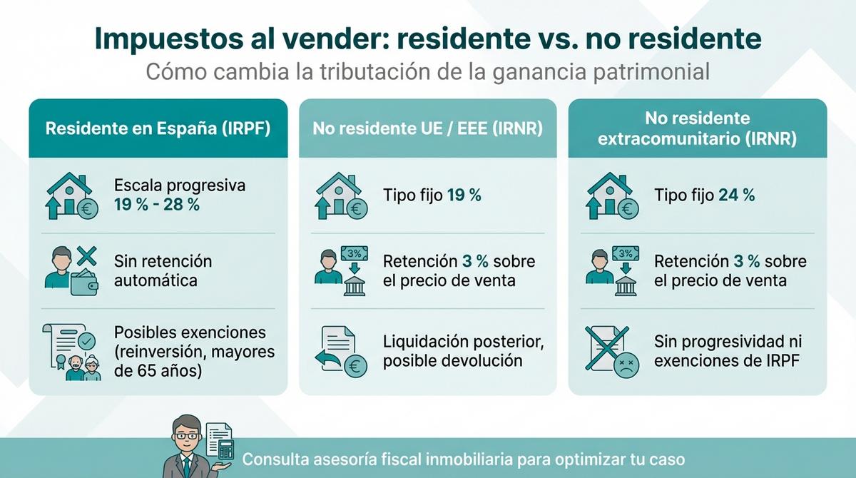 Infografía comparativa de la tributación al vender vivienda según si el propietario es residente o no residente.