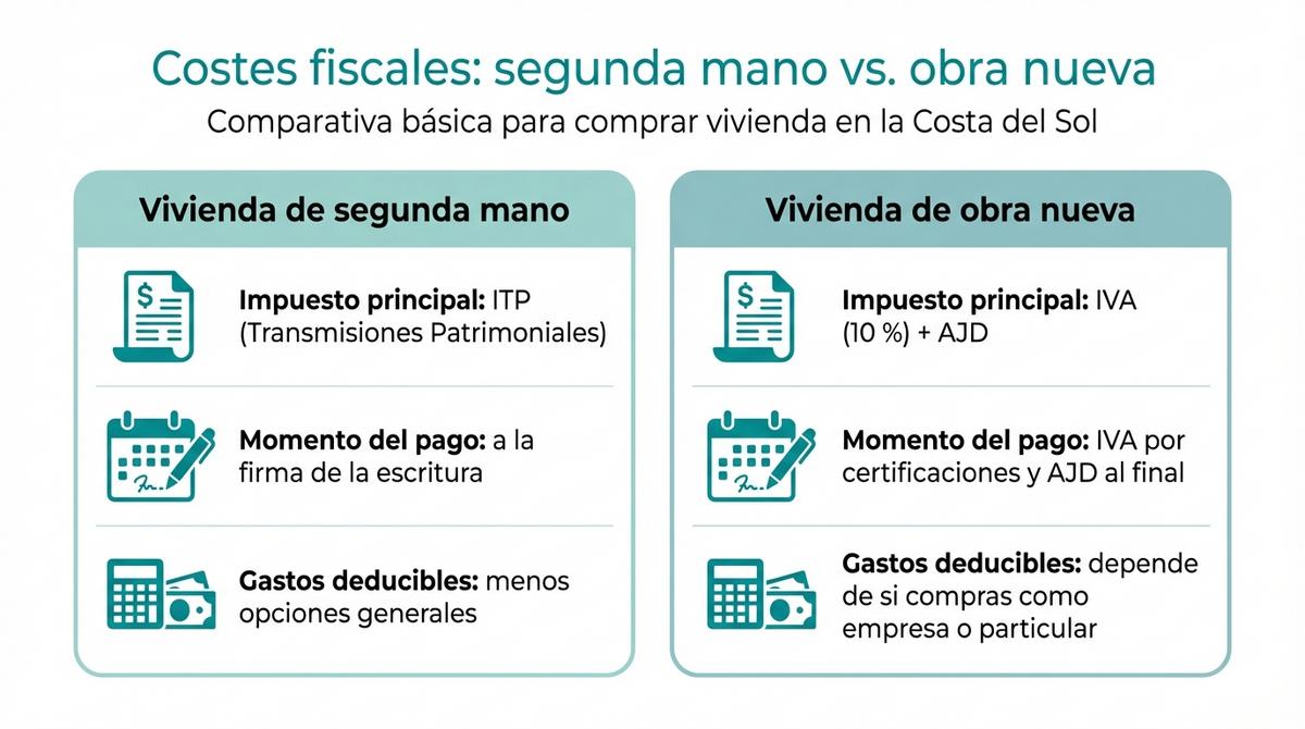 Infografía comparativa de los costes fiscales entre vivienda de segunda mano y obra nueva en la Costa del Sol.