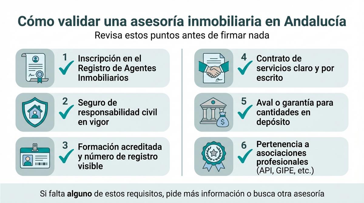 Infografía con checklist para comprobar registros, seguros y credenciales de una asesoría inmobiliaria