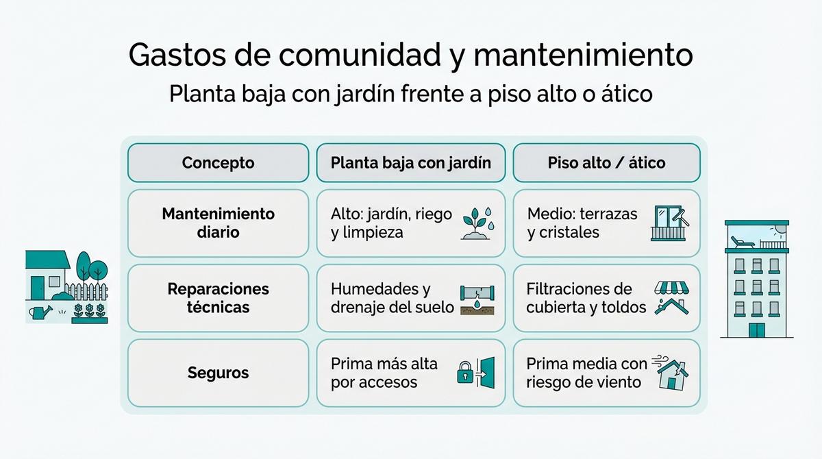 Infografía con tabla que compara los gastos de mantenimiento de una planta baja con jardín y un piso alto o ático.