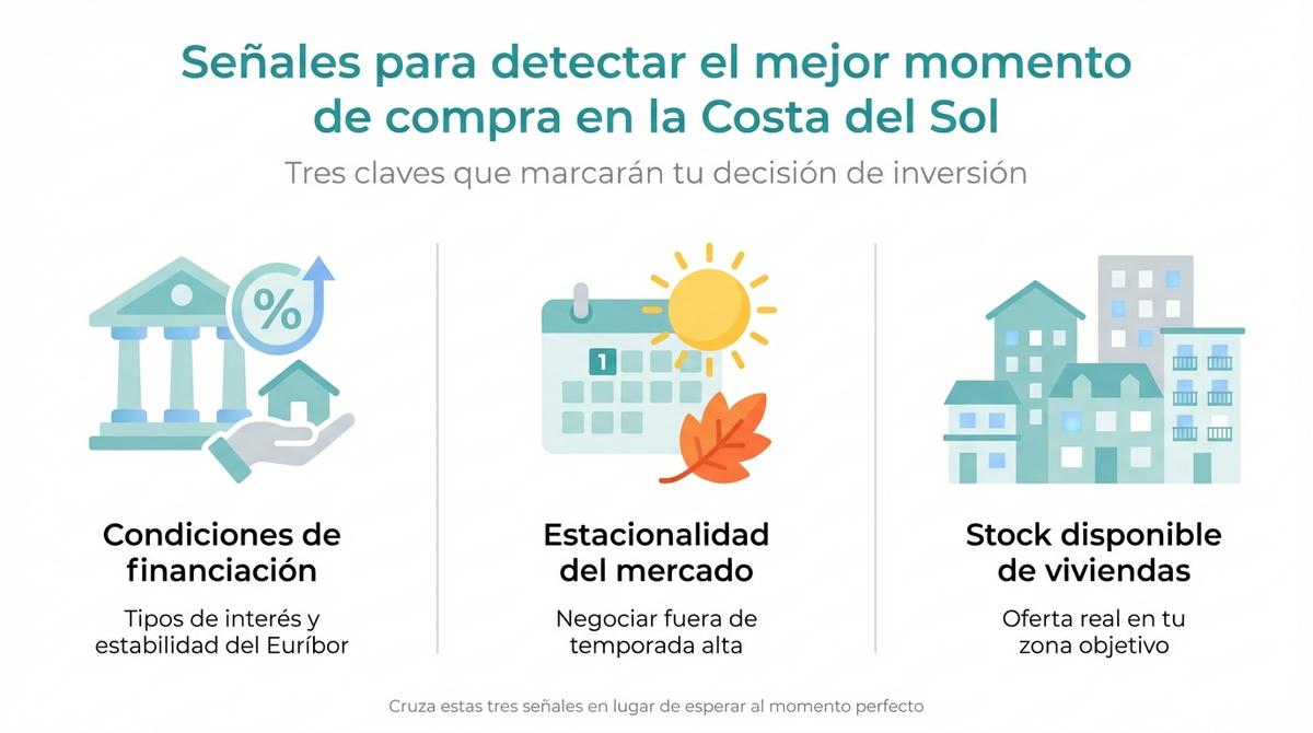 Infografía con tres señales clave para elegir el mejor momento para comprar vivienda en la Costa del Sol.