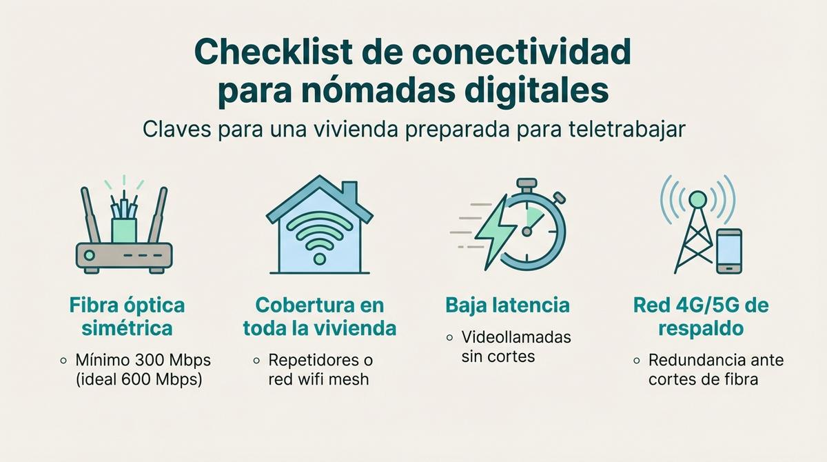 Infografía con un checklist de requisitos de conectividad para una vivienda orientada a nómadas digitales.
