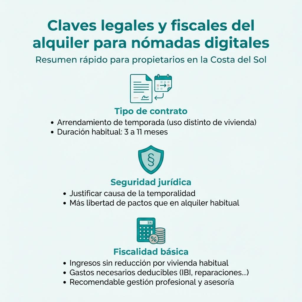 Infografía con un resumen de los aspectos legales y fiscales del alquiler de temporada para nómadas digitales.
