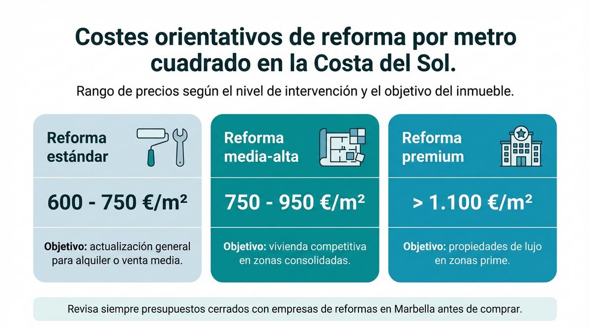 Infografía con una tabla visual que muestra rangos de costes de reforma por metro cuadrado en la Costa del Sol.