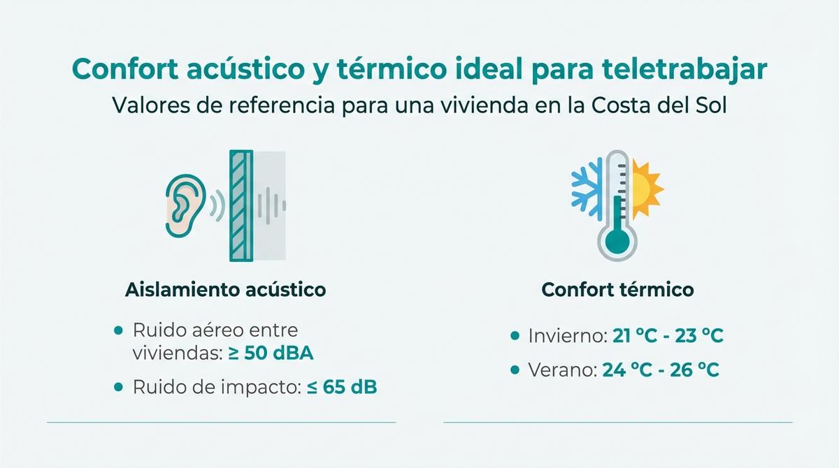 Infografía con valores recomendados de aislamiento acústico y temperatura de confort en una vivienda para teletrabajo.