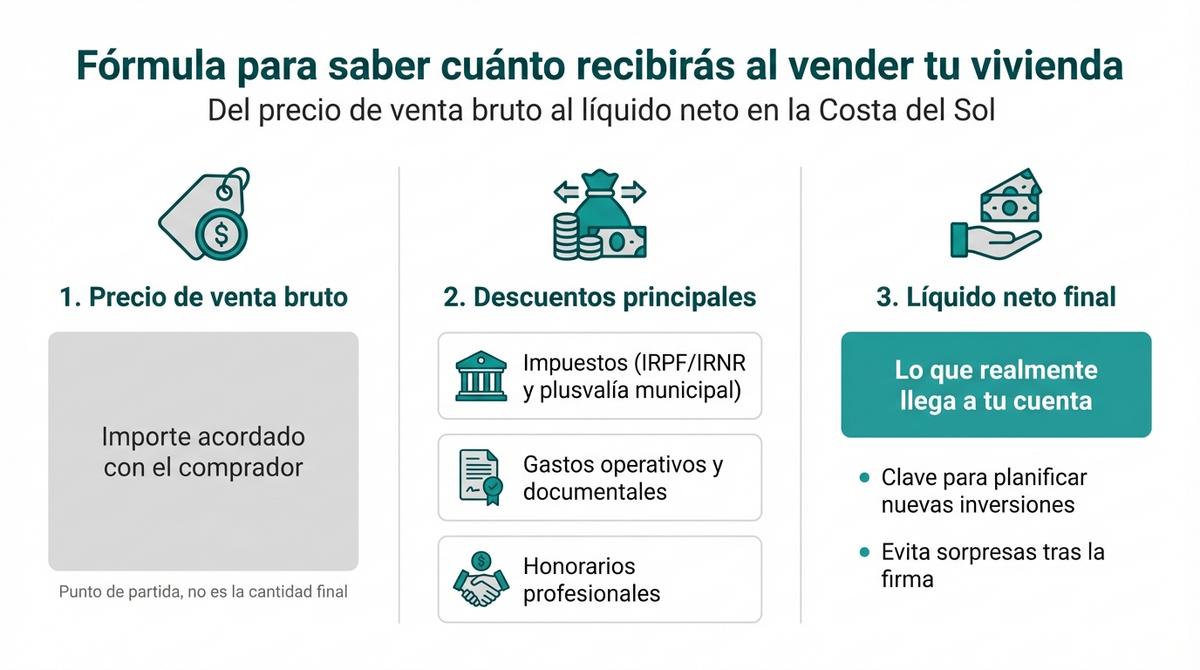 Infografía que explica la fórmula para pasar del precio de venta bruto al líquido neto al vender una vivienda.