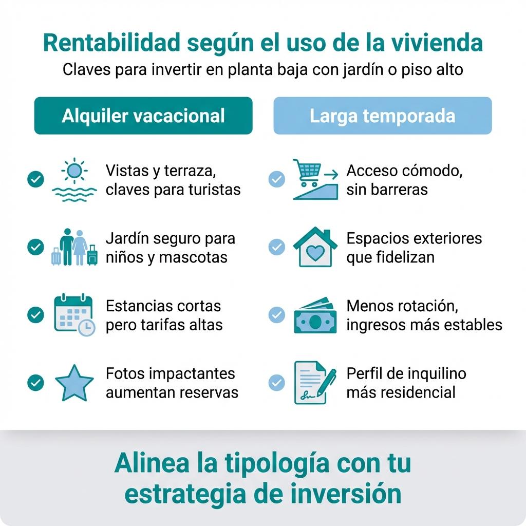 Infografía tipo checklist con factores de rentabilidad para alquiler vacacional y larga temporada en planta baja o piso alto.