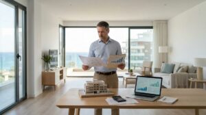 Inversor Inmobiliario Analizando Planos Y Graficos Financieros En El Salon Reformado De Un Piso Luminoso Con Vistas Al Mar En La Costa Del Sol