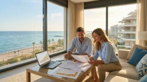 Pareja Adulta Revisando Planos Y Graficos Inmobiliarios En El Salon De Un Piso Moderno Con Vistas Al Mar En La Costa Del Sol