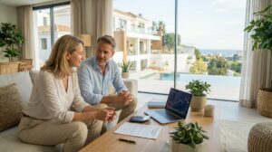 Pareja De Propietarios Revisando Con Calma Numeros Y Contratos En El Salon Luminoso De Su Vivienda En La Costa Del Sol