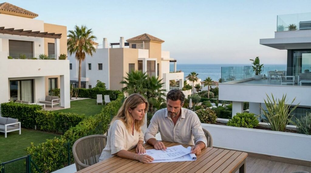 Pareja En Terraza Moderna De La Costa Del Sol Revisando Planos Mientras Observa Una Planta Baja Con Jardin Y Un Piso Alto Con Vistas Al Mar