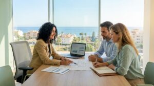 Pareja Reunida Con Un Asesor Inmobiliario Profesional Revisando Documentos En Una Oficina Luminosa Con Vistas A La Costa Del Sol