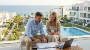 Pareja Revisando Costes Y Documentos En La Terraza De Su Segunda Residencia Con Vistas Al Mar En La Costa Del Sol