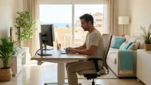 Profesional Trabajando Con Portatil En Un Apartamento Luminoso Con Escritorio Ergonomico Y Vistas Al Mar En La Costa Del Sol