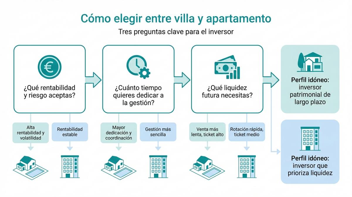Diagrama de decisión con preguntas clave para elegir entre invertir en una villa o en un apartamento