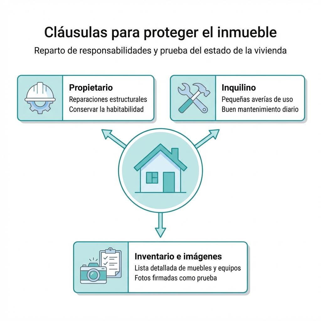 Diagrama que muestra el reparto de responsabilidades de mantenimiento entre propietario e inquilino y la importancia del inventario en el contrato