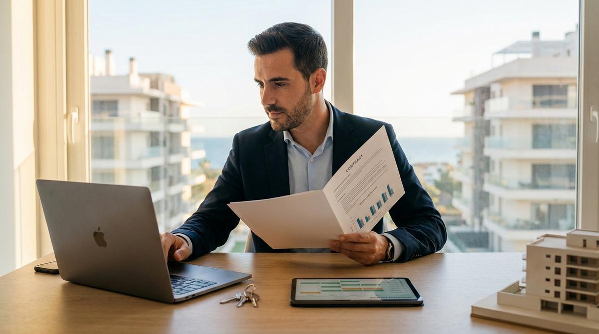 Gestor inmobiliario en Málaga revisando documentación de alquileres en una oficina con vistas a edificios residenciales