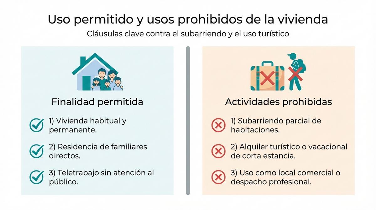 Infografía comparativa con los usos permitidos y las actividades prohibidas en una vivienda de alquiler de larga duración