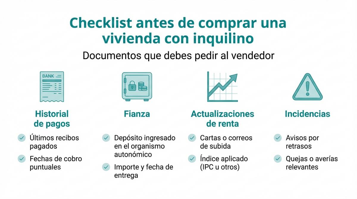 Infografía con checklist de documentos a revisar antes de comprar una vivienda con inquilino.