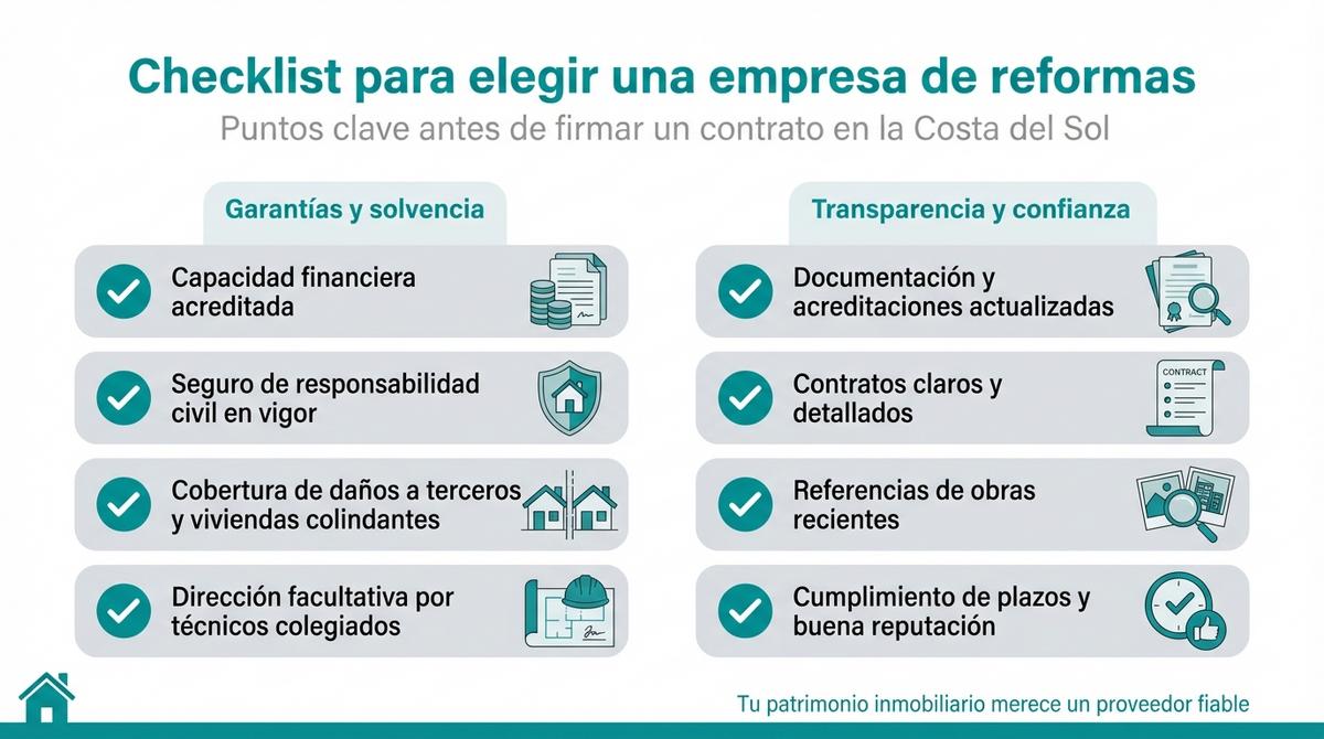 Infografía con un checklist de criterios para seleccionar una empresa de reformas fiable en la Costa del Sol
