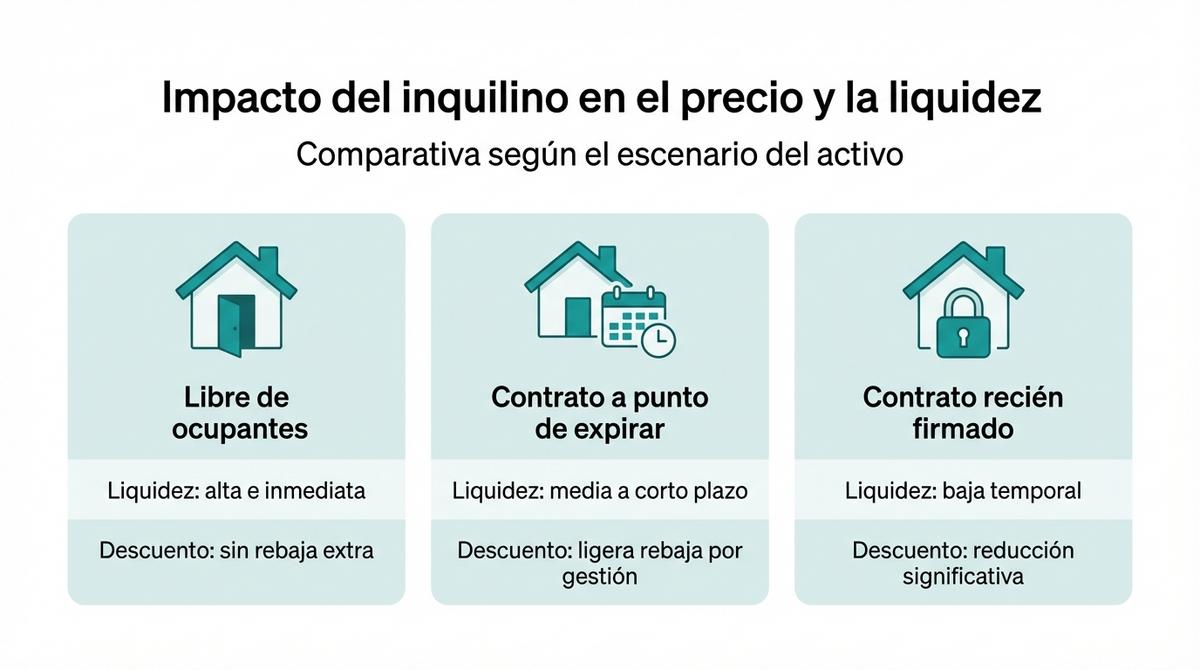 Infografía que compara la liquidez y los ajustes de precio según si la vivienda está libre, con contrato a punto de expirar o recién firmado.