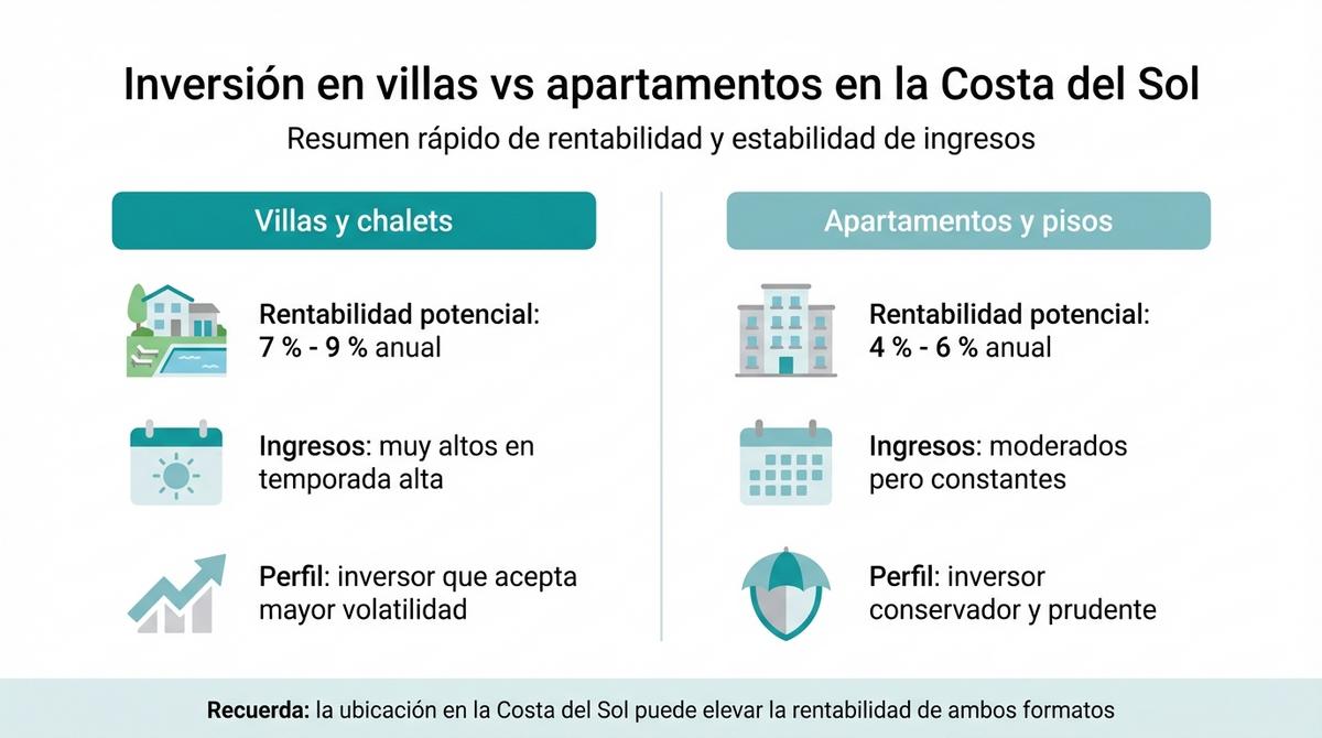 Infografía que compara la rentabilidad y estabilidad de ingresos entre invertir en villas y en apartamentos en la Costa del Sol
