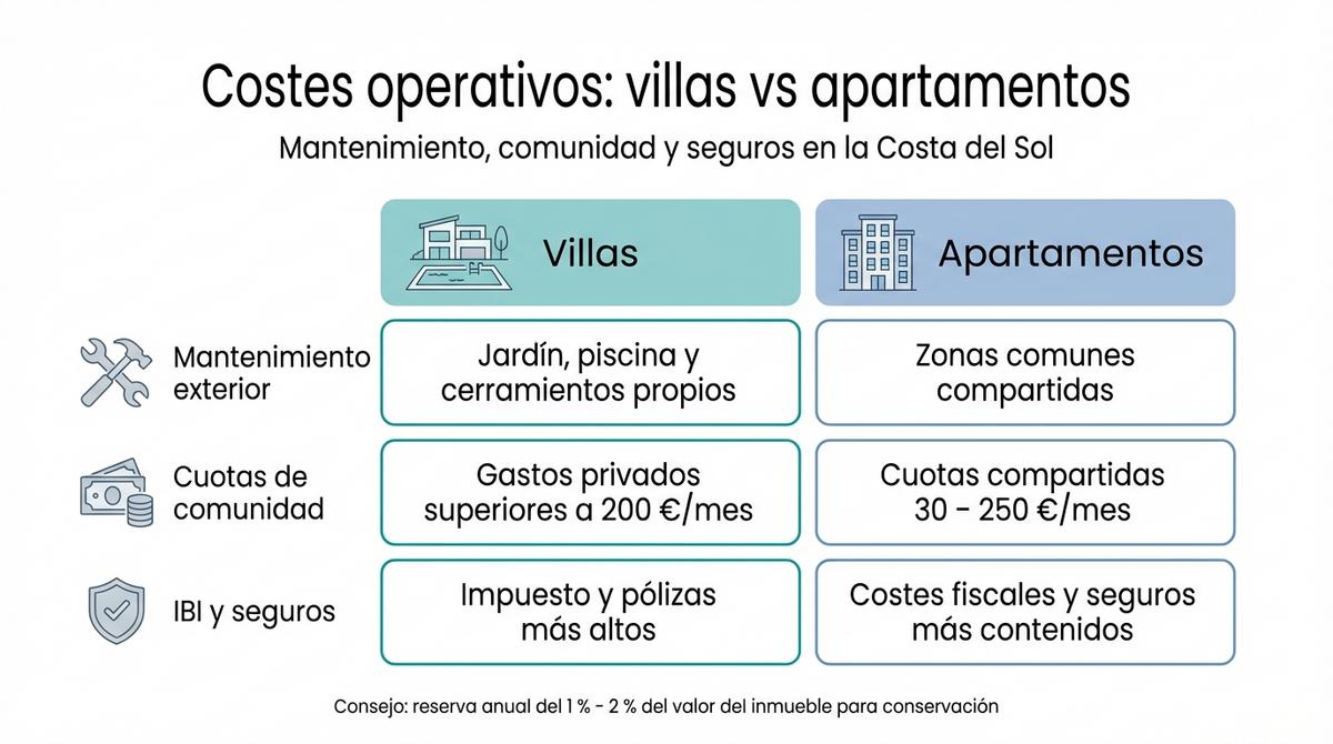 Infografía que resume y compara los principales costes operativos de villas y apartamentos en la Costa del Sol