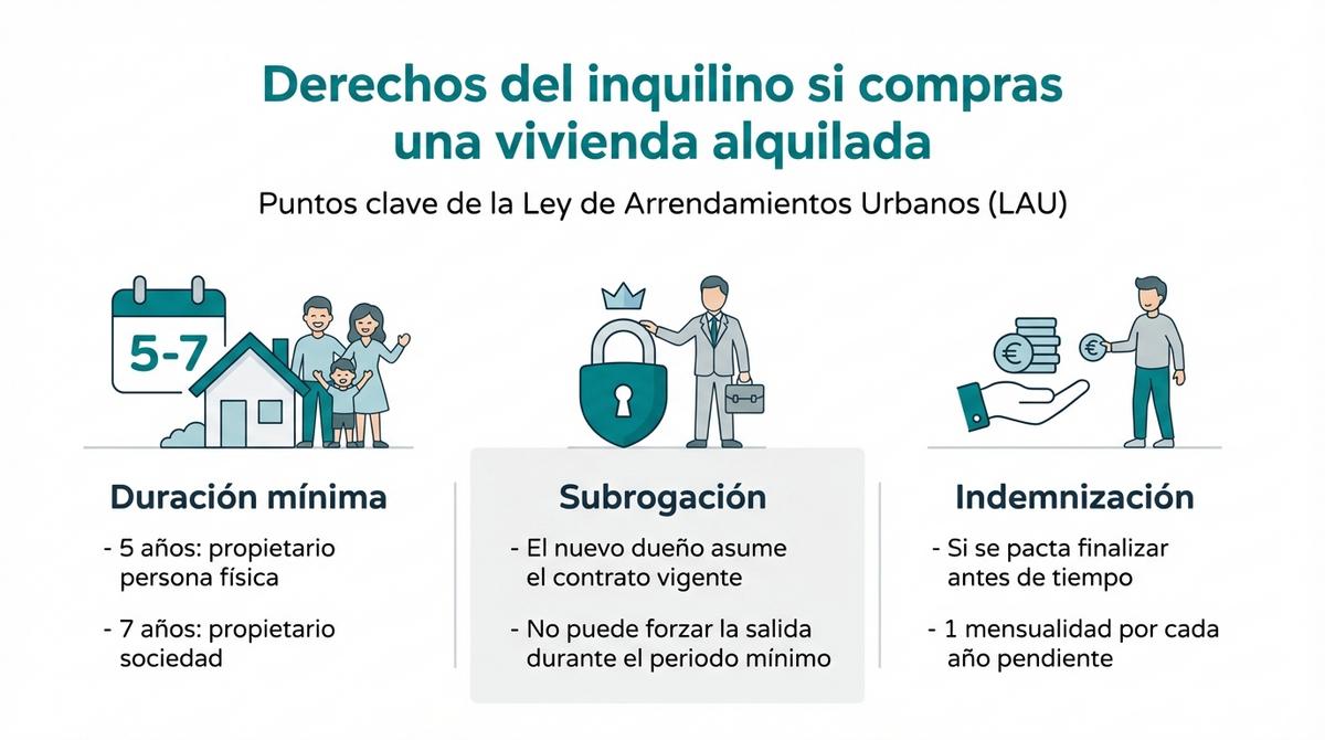 Infografía sobre los derechos básicos del inquilino cuando se compra una vivienda ya alquilada.