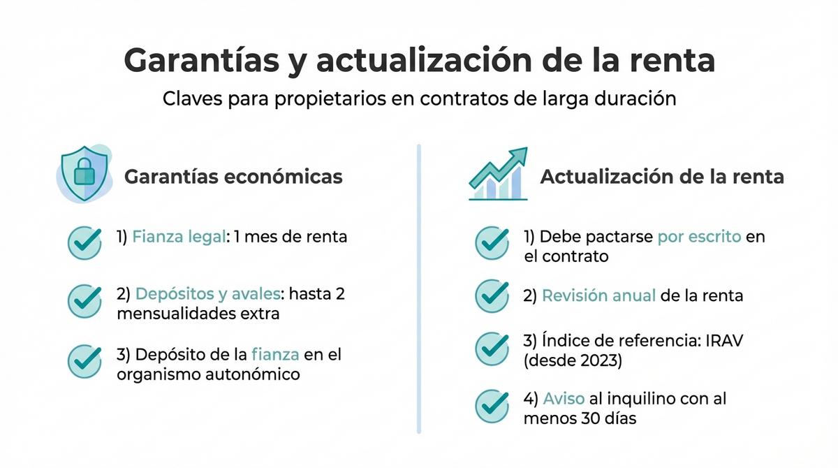 Infografía tipo checklist sobre garantías económicas y actualización de la renta en un contrato de alquiler