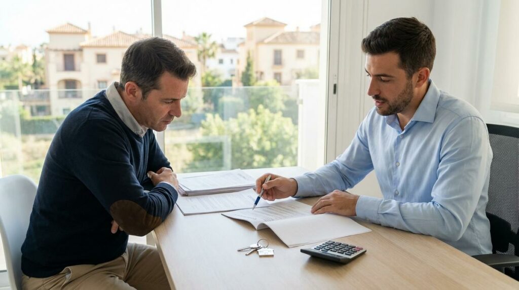 Inversor Y Asesor Inmobiliario Revisan Contratos Y Llaves Al Comprar Una Vivienda Con Inquilino En Una Oficina Luminosa