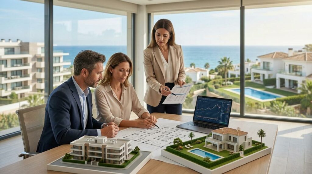 Pareja De Inversores Con Un Asesor Inmobiliario Comparando Maquetas De Villa Y Apartamento Frente Al Mar En La Costa Del Sol