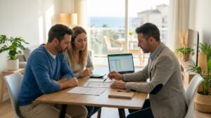 Pareja Revisando Con Un Asesor Los Gastos E Impuestos Para Comprar Una Vivienda Cerca Del Mar En La Costa Del Sol