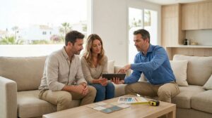 Pareja Revisando Con Un Profesional Planos Y Materiales Para La Reforma De Su Vivienda En Un Salon Luminoso De La Costa Del Sol