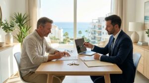 Propietario Revisando Un Contrato De Alquiler De Larga Duracion Con Un Asesor Inmobiliario En Una Vivienda Luminosa De La Costa Del Sol