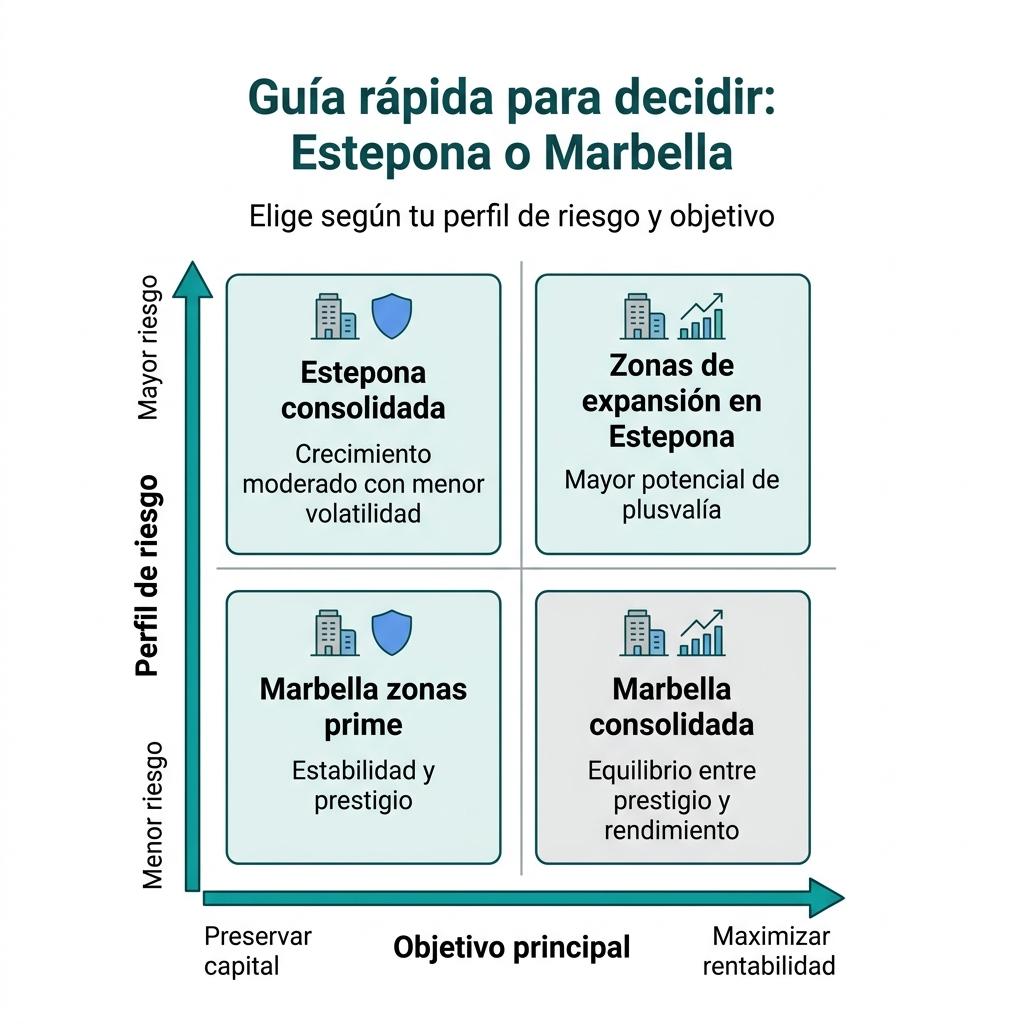 Diagrama en forma de matriz que orienta la decisión de invertir en Estepona o Marbella según perfil de riesgo y objetivo.