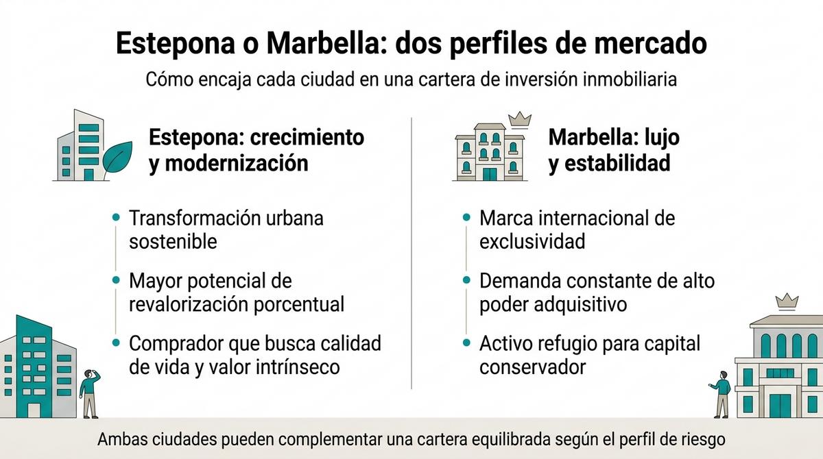 Infografía comparativa de los perfiles de mercado inmobiliario de Estepona y Marbella.