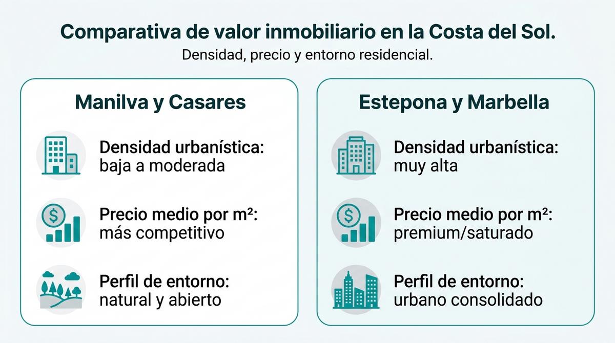 Infografía comparativa entre Manilva y Casares frente a Estepona y Marbella con factores de valor inmobiliario.