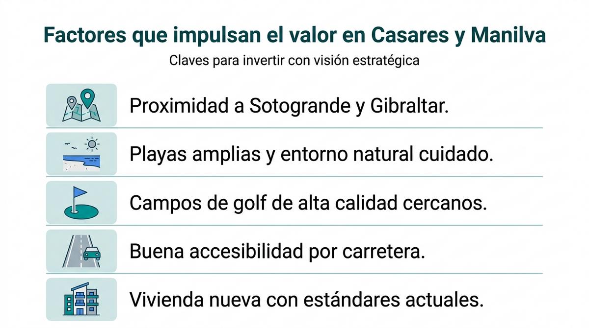 Infografía con los factores clave que impulsan el valor inmobiliario en Casares y Manilva.
