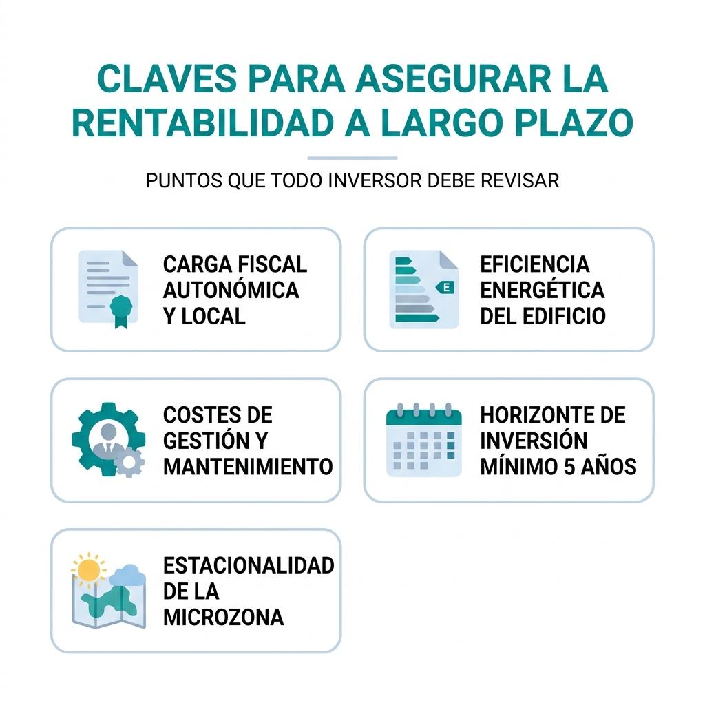 Infografía con una checklist de factores para asegurar la rentabilidad a largo plazo al invertir en Casares y Manilva.