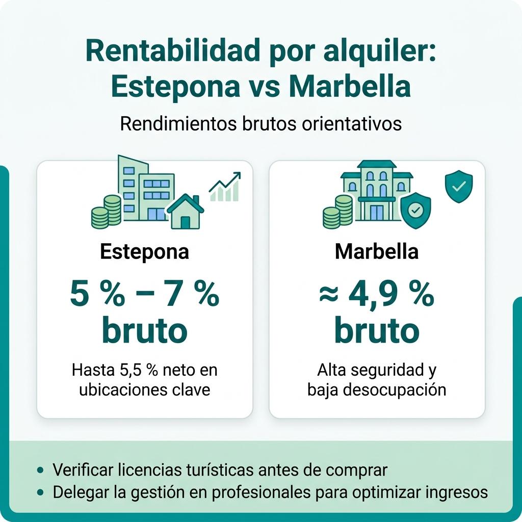 Infografía que muestra la rentabilidad por alquiler en Estepona y Marbella con porcentajes orientativos.