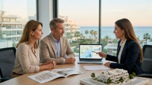 Inversores Reunidos Con Un Asesor Inmobiliario Analizando En Un Portatil Opciones De Inversion En Marbella Y Estepona Frente Al Mar De La Costa Del Sol