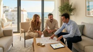 Pareja Con Un Asesor Inmobiliario Revisando La Orientacion De Un Piso Luminoso Con Vistas Al Mar En La Costa Del Sol