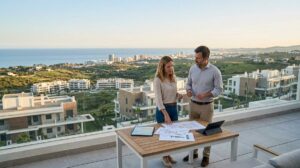 Pareja De Inversores Revisando Planos En Una Terraza Moderna Con Vistas A Urbanizaciones Y Al Mar En La Costa Del Sol