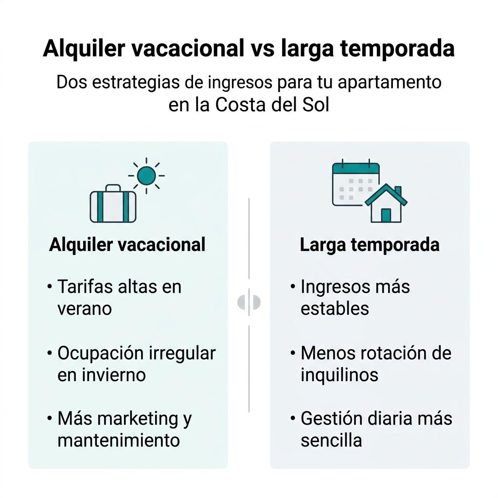 Diagrama comparativo entre alquiler vacacional y alquiler de larga temporada para apartamentos en la Costa del Sol.